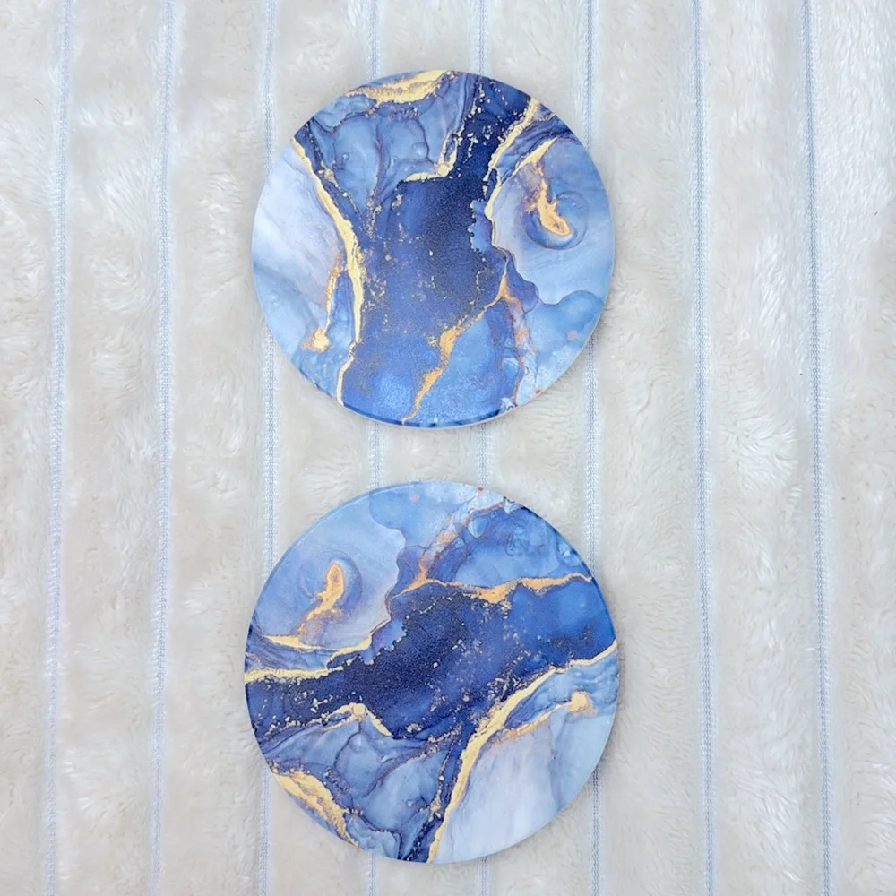 6 Pcs Navy Blue and Gold Marble Abstract Ceramic Coasters with Gold Holder